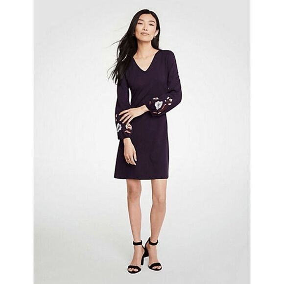 Ann‎ Taylor Embroidered Sleeve Flare Dress V Neck Purple Plum Size XS - Picture 1 of 8